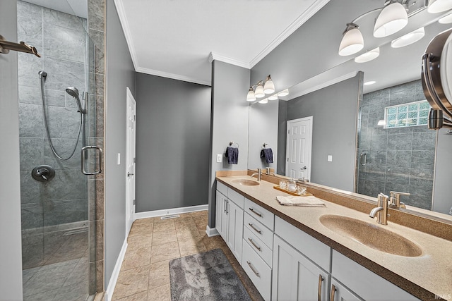 51733 Copperfield Rdg, Granger, IN 46530 - full bathroom with double vanity, a shower stall, crown molding, and tile patterned flooring