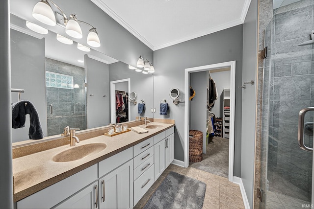 51733 Copperfield Rdg, Granger, IN 46530 - full bathroom featuring a walk in closet, double vanity, crown molding, a stall shower, and tile patterned floors