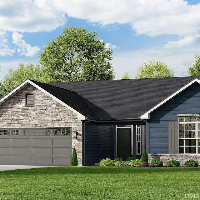 4831 Windrow Way, Fort Wayne, IN 46818 - ranch-style house with stone siding, a front lawn, an attached garage, and roof with shingles