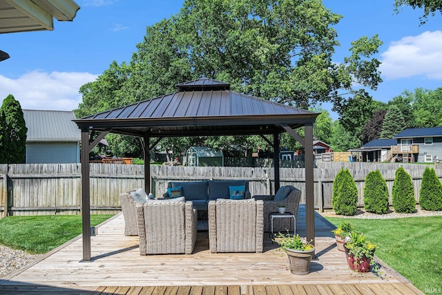 54410 Pleasant Valley Dr, Osceola, IN 46561 - wooden terrace featuring a gazebo, outdoor lounge area, and a fenced backyard