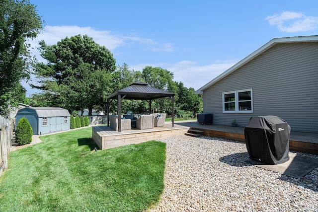 54410 Pleasant Valley Dr, Osceola, IN 46561 - view of yard featuring an outdoor hangout area, a gazebo, a wooden deck, and a shed
