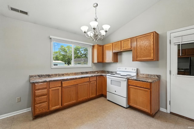 806 Deer Ridge Xing, Auburn, IN 46706 - kitchen with white electric range, a chandelier, brown cabinetry, freestanding refrigerator, and dark countertops