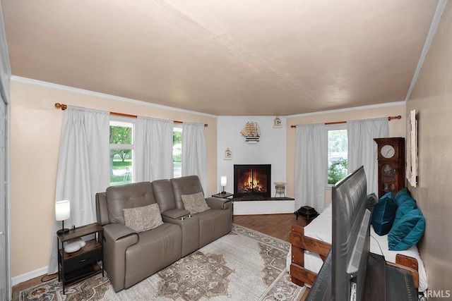 1760 Grant St, Elkhart, IN 46514 - living room with healthy amount of natural light, a warm lit fireplace, wood finished floors, and ornamental molding