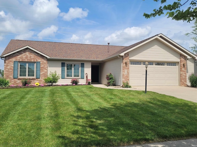 5514 Dennison Dr, Fort Wayne, IN 46835 - ranch-style home with brick siding, driveway, an attached garage, a front lawn, and roof with shingles