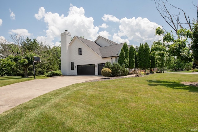 3827 Sunnycroft Pl, West Lafayette, IN 47906 - view of side of property with a garage, concrete driveway, a lawn, and a chimney