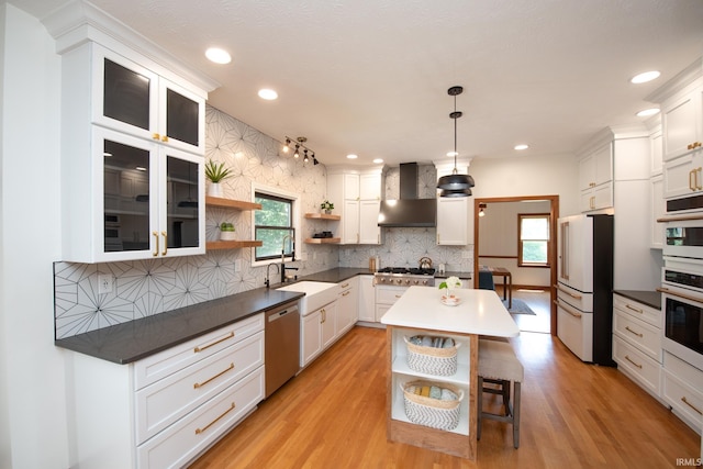 3827 Sunnycroft Pl, West Lafayette, IN 47906 - kitchen with open shelves, white appliances, wall chimney exhaust hood, plenty of natural light, and recessed lighting