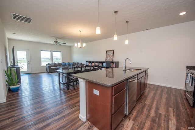 6471 Wallingford St, Lafayette, IN 47905 - kitchen with dishwasher, dark wood-type flooring, an island with sink, pendant lighting, and stove