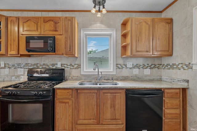 412 Tonti Ave, South Bend, IN 46617 - kitchen featuring black appliances, ornamental molding, tasteful backsplash, and open shelves