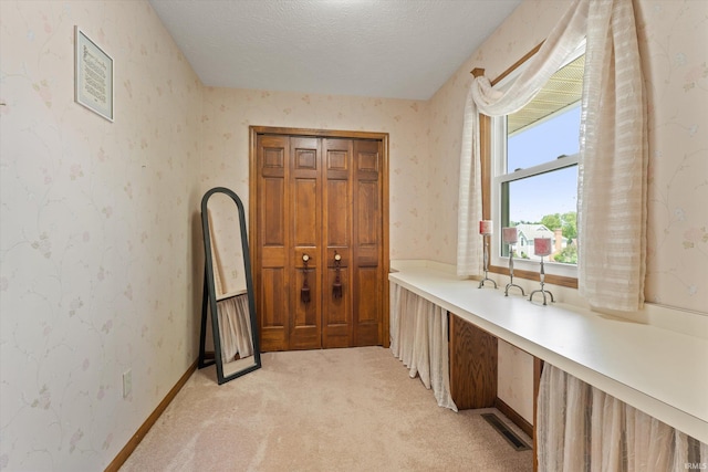 51769 S Saddle Ridge Ln, Granger, IN 46530 - washroom featuring light colored carpet, a textured ceiling, and wallpapered walls