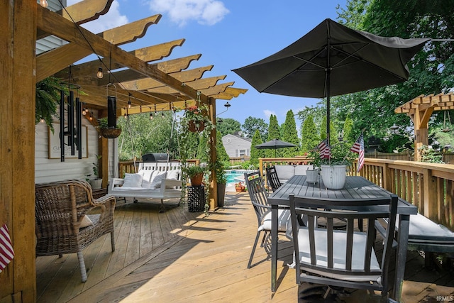 1521 E Beardsley Ave, Elkhart, IN 46514 - wooden terrace with a pergola, outdoor dining space, an outdoor pool, and an outdoor hangout area