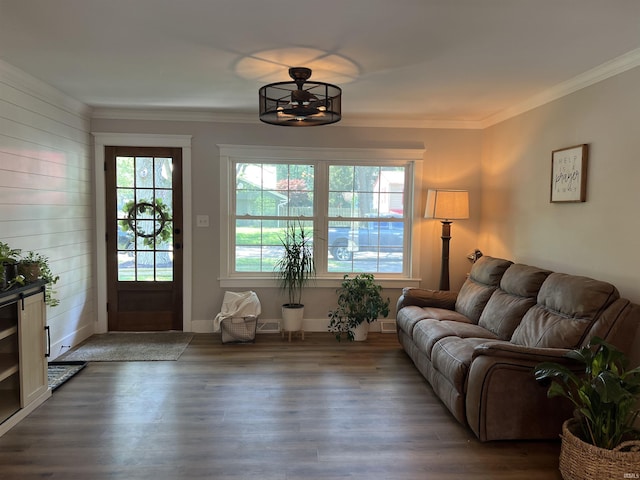 1503 W Ave, Goshen, IN 46526 - living room featuring ornamental molding, wood finished floors, and a ceiling fan