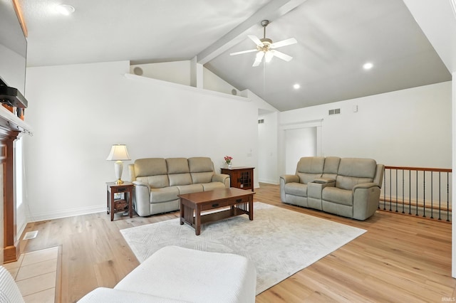 1208 Phaeton Way, Auburn, IN 46706 - living room with beam ceiling, ceiling fan, light wood-style floors, and high vaulted ceiling
