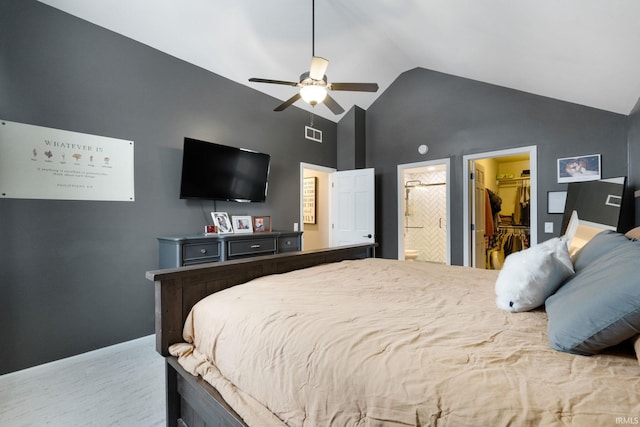 9628 Trading Post Rd, Leo, IN 46765 - bedroom with high vaulted ceiling, a walk in closet, ensuite bathroom, ceiling fan, and a closet