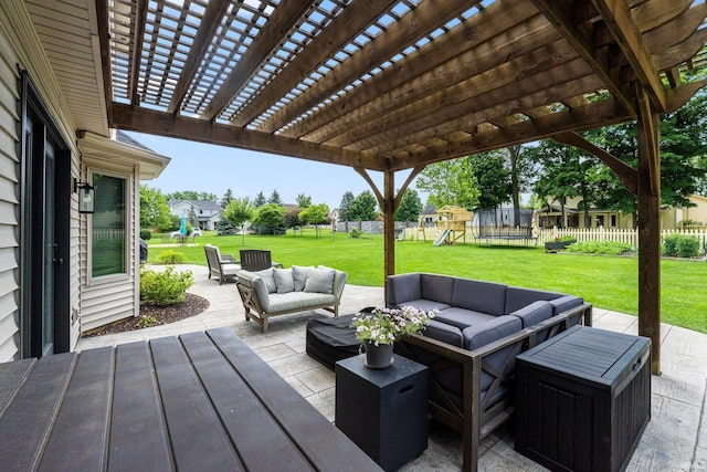 9628 Trading Post Rd, Leo, IN 46765 - wooden deck with a trampoline, an outdoor hangout area, a playground, and a pergola