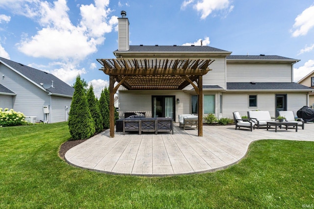 9628 Trading Post Rd, Leo, IN 46765 - back of property featuring an outdoor hangout area, a pergola, a patio area, a lawn, and a chimney
