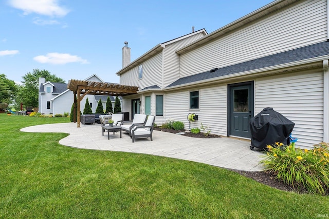 9628 Trading Post Rd, Leo, IN 46765 - rear view of house featuring a pergola, a patio area, a yard, a chimney, and an outdoor hangout area