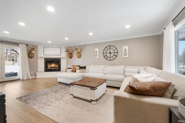 9628 Trading Post Rd, Leo, IN 46765 - living room with crown molding, healthy amount of natural light, a lit fireplace, recessed lighting, and light wood-style floors