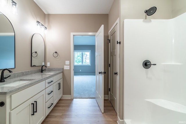 7751 Luna Way, Fort Wayne, IN 46835 - bathroom featuring wood finished floors, double vanity, and a shower