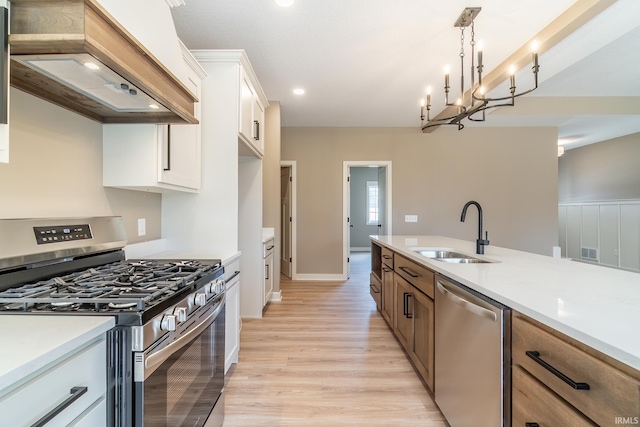 7751 Luna Way, Fort Wayne, IN 46835 - kitchen with appliances with stainless steel finishes, premium range hood, light wood-style flooring, light countertops, and decorative light fixtures