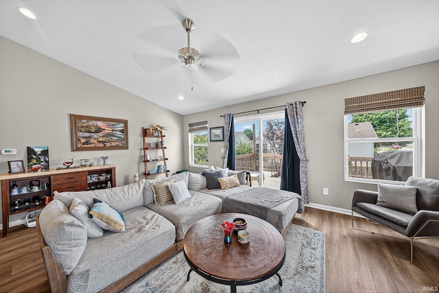 4343 Onyx Way S, Bend, IN 46628 - living room featuring wood finished floors, a ceiling fan, vaulted ceiling, and recessed lighting