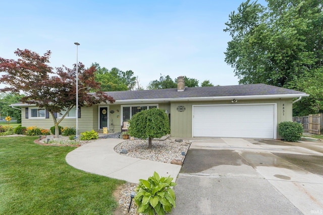 4831 Woodford Dr, Fort Wayne, IN 46835 - ranch-style house with a garage, a front yard, concrete driveway, and a chimney
