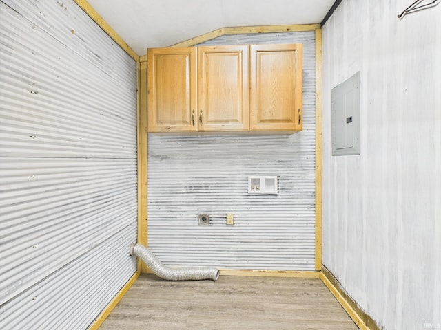 203 E Plum St, Frankton, IN 46044 - laundry area featuring hookup for an electric dryer, cabinet space, electric panel, hookup for a washing machine, and wood finished floors