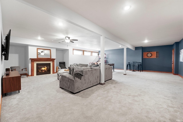 16619 Amethyst Pkwy, Fort Wayne, IN 46845 - carpeted living room featuring a tile fireplace, ceiling fan, and recessed lighting