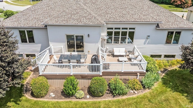 16619 Amethyst Pkwy, Fort Wayne, IN 46845 - rear view of property with an outdoor living space, a wooden deck, outdoor dining area, roof with shingles, and a yard