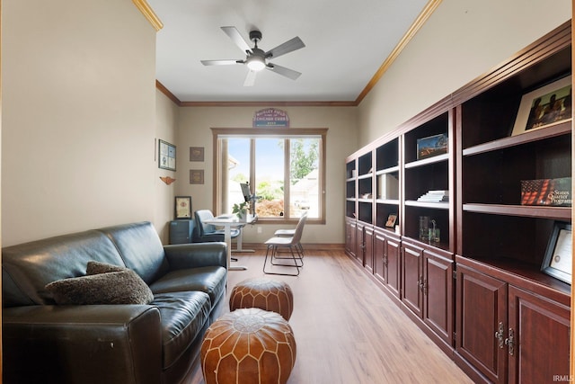 16619 Amethyst Pkwy, Fort Wayne, IN 46845 - living room with crown molding, light wood-style floors, and a ceiling fan