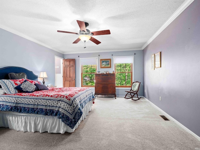 8220 Sakaden Pkwy, Fort Wayne, IN 46825 - bedroom with light carpet, a textured ceiling, ornamental molding, and a ceiling fan