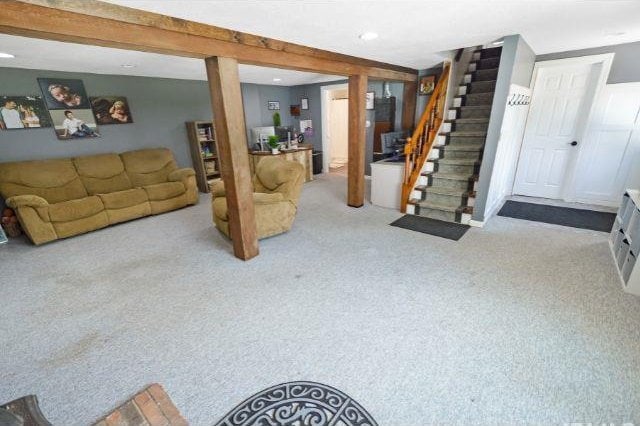 7132 W 350 N, West Lafayette, IN 47906 - living room featuring carpet flooring, stairway, and recessed lighting