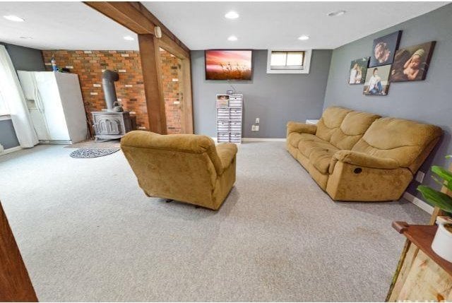 7132 W 350 N, West Lafayette, IN 47906 - carpeted living area featuring recessed lighting and a wood stove