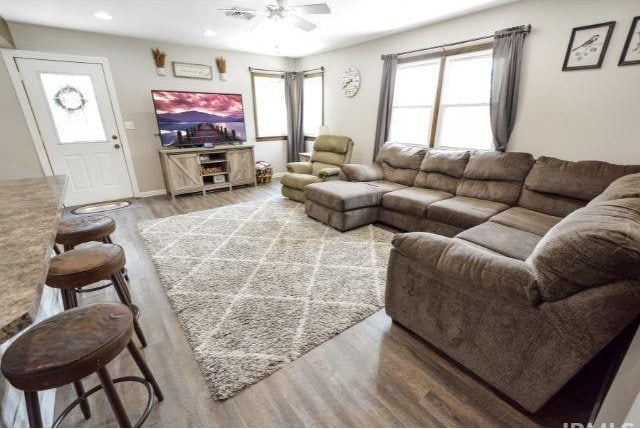 7132 W 350 N, West Lafayette, IN 47906 - living room with wood finished floors, ceiling fan, and recessed lighting