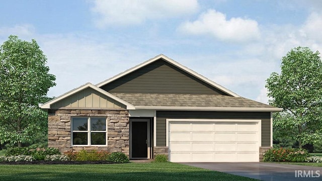 1217 Catesby Ct, Fort Wayne, IN 46818 - view of front of house with stone siding, a shingled roof, an attached garage, and concrete driveway