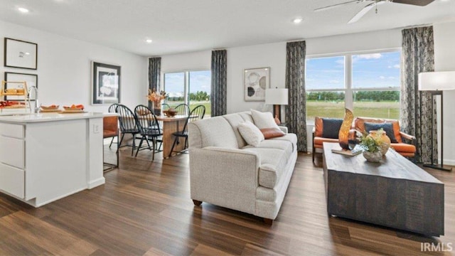 1217 Catesby Ct, Fort Wayne, IN 46818 - living area with dark wood-type flooring, healthy amount of natural light, recessed lighting, and ceiling fan