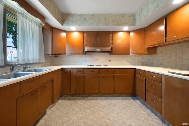 1202 Park Ave, New Haven, IN 46774 - kitchen featuring under cabinet range hood, brown cabinetry, light countertops, and white electric stovetop