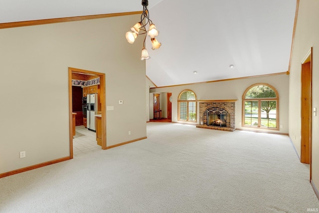 1102 Cabriolet Blvd, Auburn, IN 46706 - unfurnished living room featuring carpet, crown molding, high vaulted ceiling, a fireplace, and a chandelier