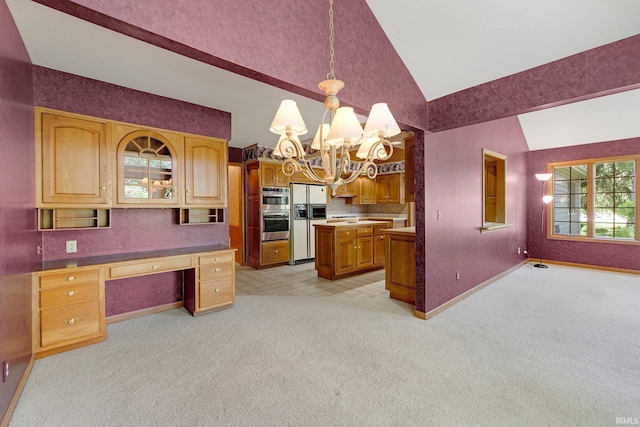 1102 Cabriolet Blvd, Auburn, IN 46706 - kitchen featuring a chandelier, white refrigerator with ice dispenser, light carpet, built in study area, and high vaulted ceiling