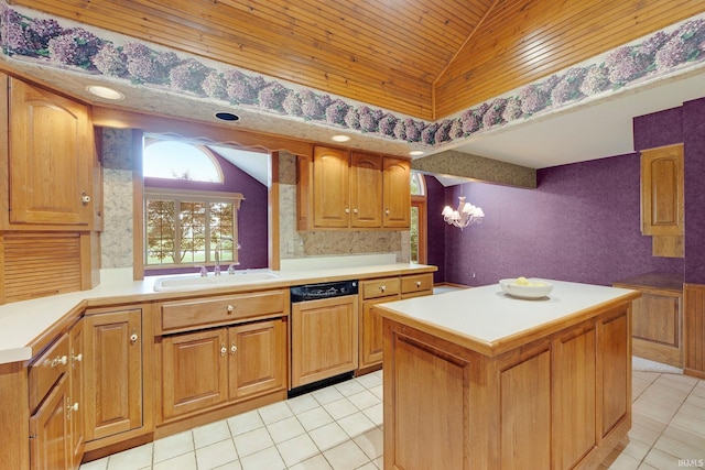 1102 Cabriolet Blvd, Auburn, IN 46706 - kitchen with paneled dishwasher, lofted ceiling, light tile patterned floors, light countertops, and wood ceiling