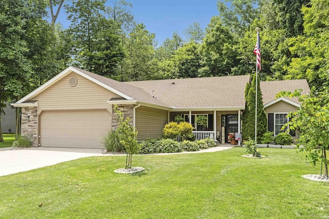 1403 Old Briar Trl, Auburn, IN 46706 - ranch-style house featuring a garage, driveway, a front yard, covered porch, and a shingled roof