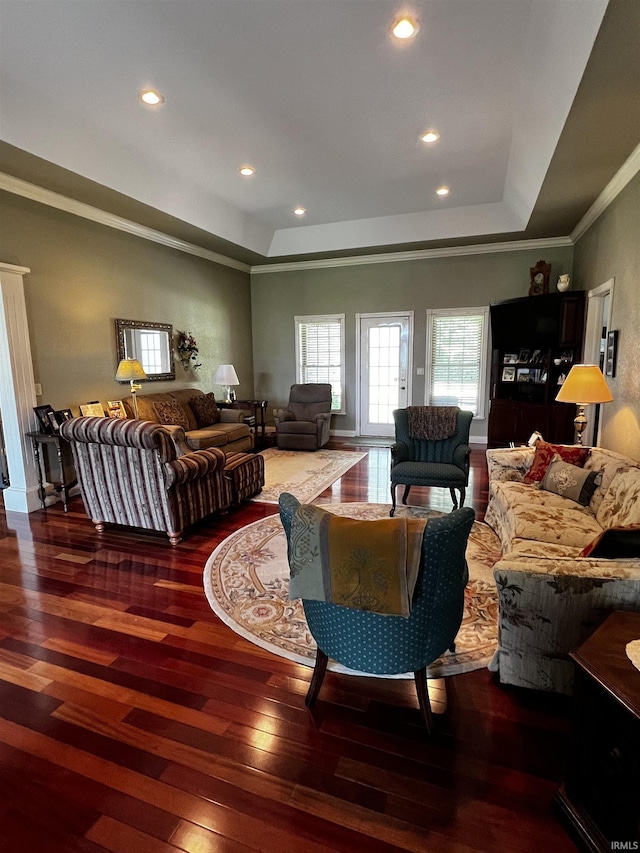 348 N Birdie Ln, Montgomery, IN 47558 - living area with a tray ceiling, wood-type flooring, crown molding, and recessed lighting