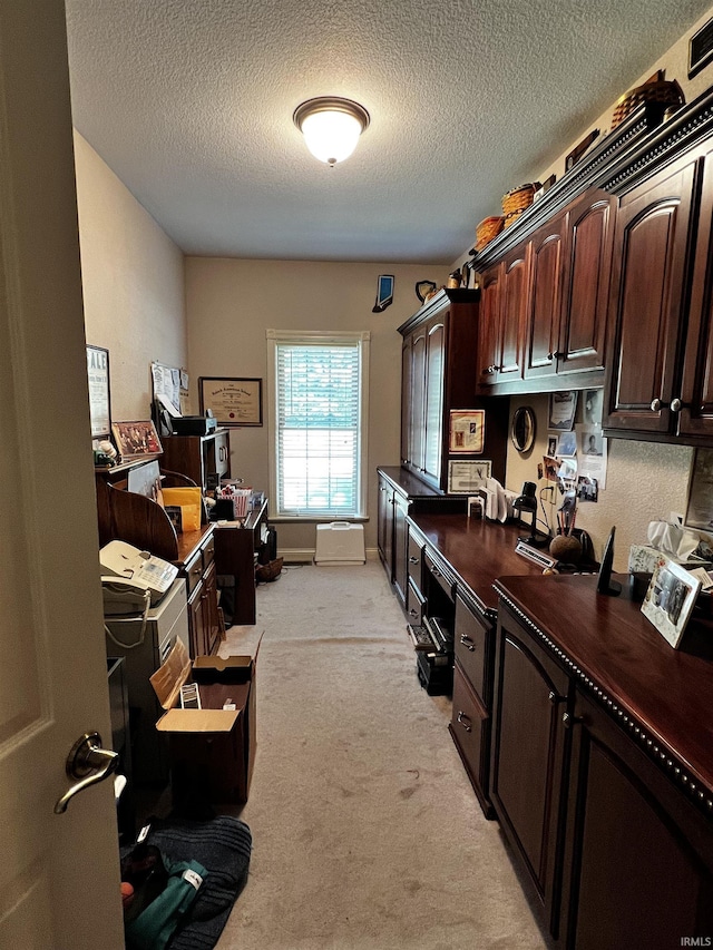 348 N Birdie Ln, Montgomery, IN 47558 - kitchen with dark countertops, dark brown cabinetry, a textured ceiling, light carpet, and a desk