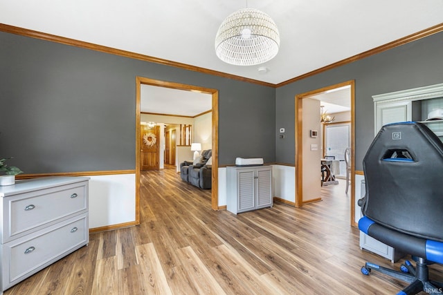 9026 Wallen Ln, Fort Wayne, IN 46825 - office with a chandelier, crown molding, and light wood-style floors