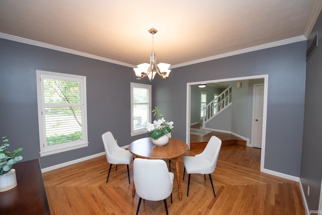 3801 W Capilano Dr, West Lafayette, IN 47906 - dining area with a chandelier, stairway, ornamental molding, and plenty of natural light