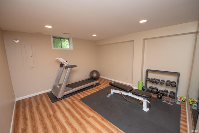 3801 W Capilano Dr, West Lafayette, IN 47906 - exercise area featuring wood finished floors, electric panel, and recessed lighting