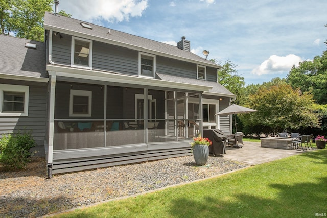 3801 W Capilano Dr, West Lafayette, IN 47906 - back of house with a patio, a chimney, a sunroom, and roof with shingles