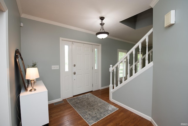 3801 W Capilano Dr, West Lafayette, IN 47906 - foyer entrance featuring wood-type flooring, crown molding, and stairs