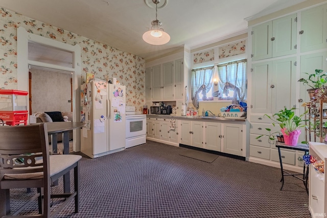 240 Elm St, Wabash, IN 46992 - kitchen with white appliances, wallpapered walls, dark colored carpet, pendant lighting, and white cabinets