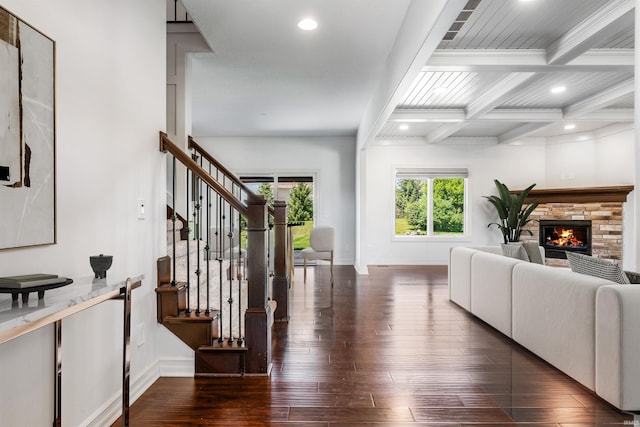 3032 Treviso Way, Fort Wayne, IN 46814 - living area with beamed ceiling, wood-type flooring, recessed lighting, stairs, and a fireplace