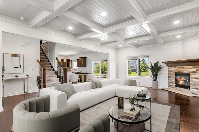 3032 Treviso Way, Fort Wayne, IN 46814 - living room with stairway, beam ceiling, recessed lighting, coffered ceiling, and dark wood-style floors
